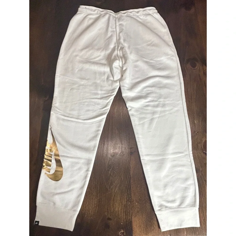 Nike Joggers Large White Metallic Gold Logo Fleece Sweatpants Athleisure Sporty